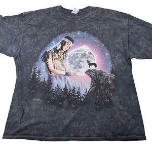 VTG Y2K The Mountain Native‎ American Wolf Moon Graphic T-Shirt Tie Dye 2XL